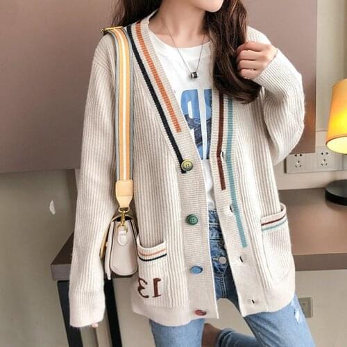 Womens Cardigan Spring Autumn Single Breasted Long Sleeve V Neck Pockets Ladies Sweet Sweater Casual Loose Knitted Wear Female