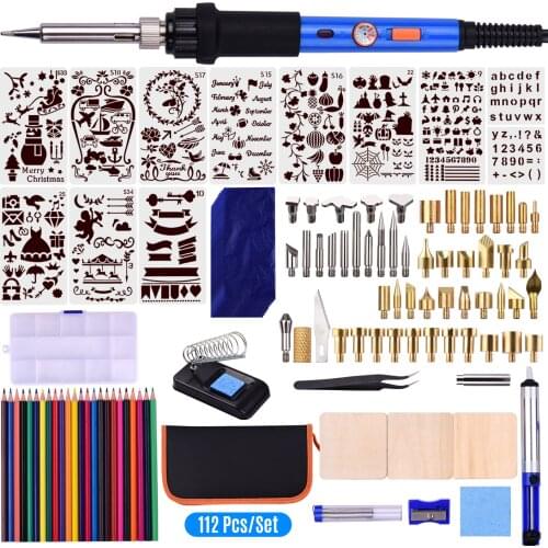 112pcs Wood Burning Kit 60W Pyrography Pen Set Adjustable Temperature 220-480℃ Woodburning Tool Embossing Carving Soldering