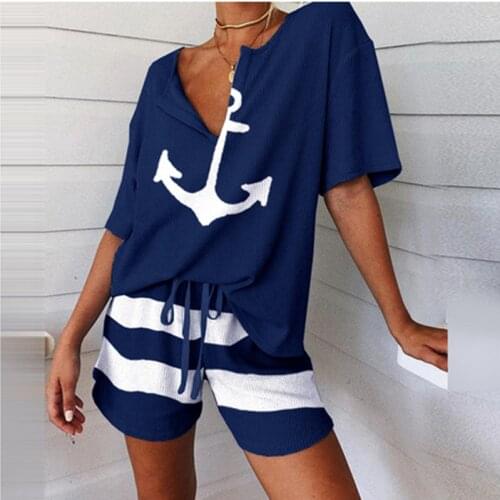 2021 Summer Women Sets Beach Print Short Sleeve Casual V Neck Two Piece Set Crop Top And Shorts Drawstring 2 Piece Set Outfits