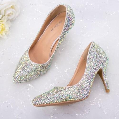 Crystal Shoes Colorful Rhinestone Wedding Party Dress Glittering Bling Glary Ponited Toe 8cm High Heels Special Beautiful Shoes
