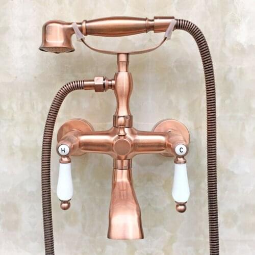 Claw Foot Tub Faucet Mixer Tap Set Telephone Style Handheld Shower Head Antique Red Copper Brass Dual Ceramics Lever atf806