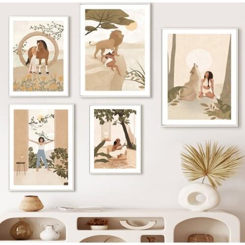 Boho Jungle Lion Wolf Horse Yoga Monstera Wall Art Canvas Painting Nordic Posters And Prints Wall Pictures For Living Room Decor