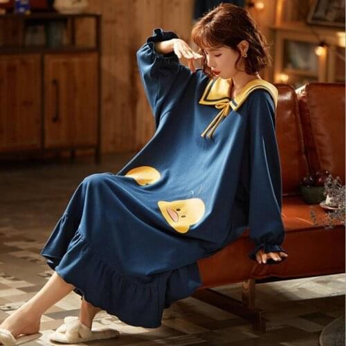 Korea Style Nightdress Autumn Nightgown Women Long-Sleeve Nightwear Cotton Sleepwear for Female Princess Style Home-dress Mejur