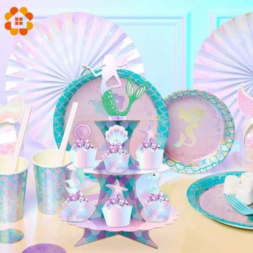 New Mermaid Birthday Cake Stand Mermaid Party Plate Cup for Birthday Baby Shower Party Decor Kids Mermaid Wedding Party Supply