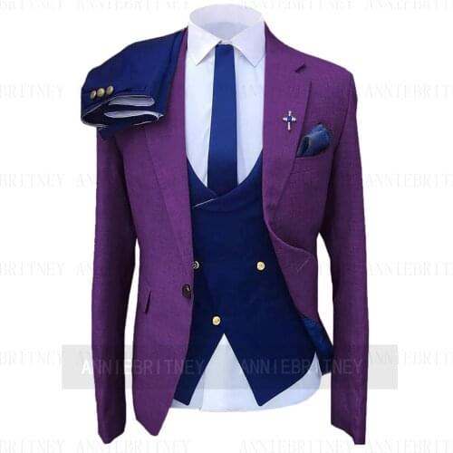 New Designs Navy Blue Suits For Men Wedding Slim Fit Fashion purple Groom Dress Tuxedo Tailored Blazer Jacket Vest with Pants