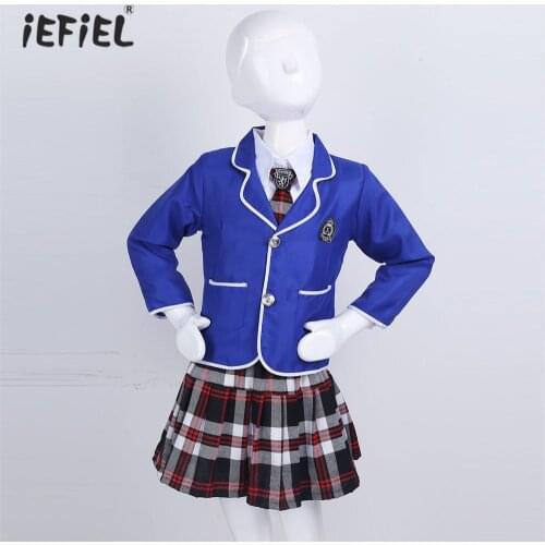 Autumn Kids Clothes Girls Clothing Set Long Sleeve Shirt Suit Coat Plaid Pleated Skirt Tie Set Student School Uniform Outfit