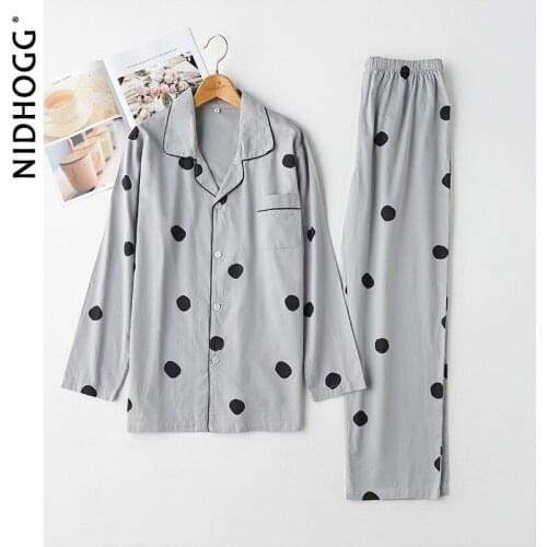 Autumn Thin Satin Cotton Pajamas Polka Dot Printing Long Sleeves Couple Sleepwear Loungewear Women and Men Home Clothes 2 Piece