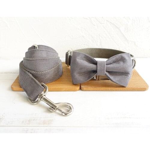 The deep gray dog collar with bow tie and leash set for pet dog cat