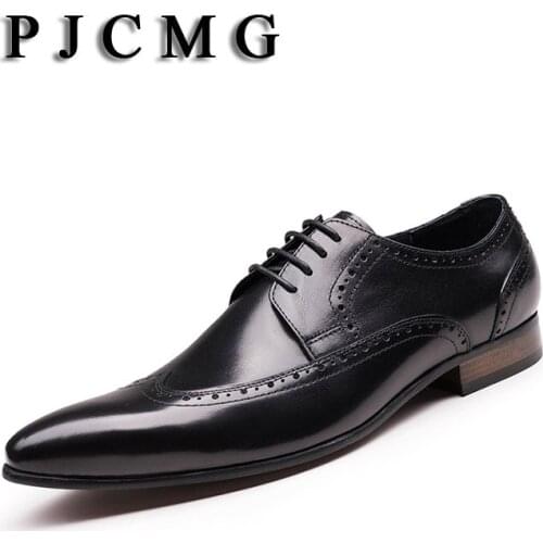 PJCMG New Fashion Comfortable Black/Red Genuine Leather Lace-Up Carved Pointed Toe Flat Man Casual Classic Gentleman Shoes