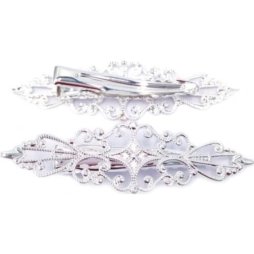 Silver Plated 120piece 15x57mm Filigree Pad Hair Clips Hairgrips accessories Duckbill Clip Jewelry Findings Wholesale HCF02