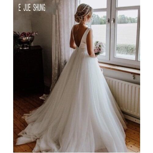 E JUE SHUNG Simple Sleeveless A Line Stain and Tulle Wedding Dresses Jewel Neck Open Back with Bow Bridal Dresses robe de mariee