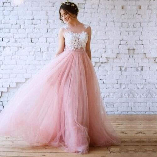 Pink Soft Tulle Wedding Gowns Scoop Neck A Line Lace Appliques Robe de Mariee Bride Dress Boho Wedding Dress