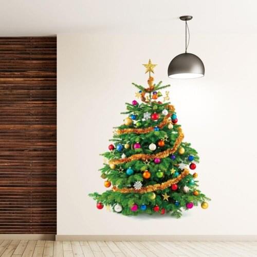 Christmas Tree with Hanging Ball Shape Self-Adhesive Wall Sticker PVC Waterproof Wall Decal Home Xmas Decoration Posters