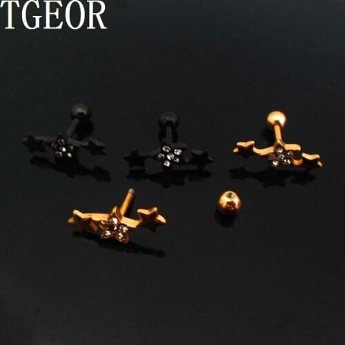 Charm colors 1 pair surgical Stainless Steel 3 stars gem crystals ear tragus piercing earring