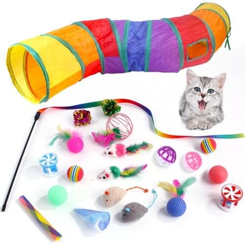 Pet Cats Toys Set, Cats Funny Cats Stick, Rainbow Tunnel Cat Supplies 21-piece Set, Pet Suit Toy for Cat, Pet Toys Supplies