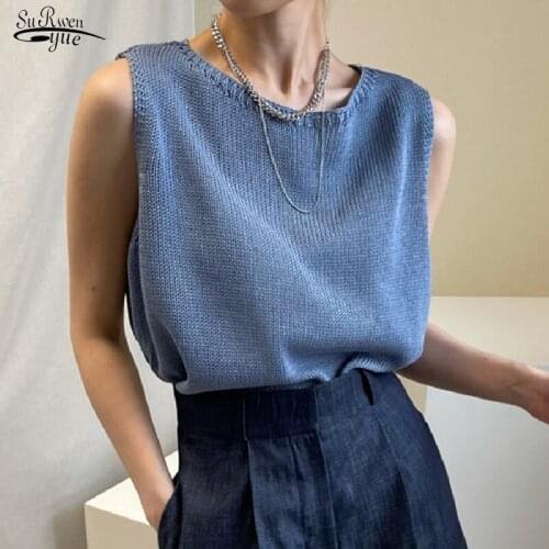 Vintage Summer Womens Shirt Vest Sleeveless O Neck Knitted Tops Women Clothing 2021 New Korean Chic Loose Casual Blouses 15520