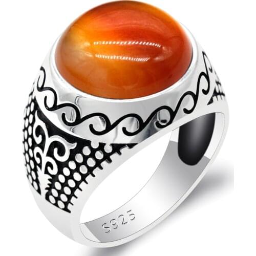 Vintage 925 Sterling Silver Original Men Ring with Natural Orange Agate Stone Male Onyx Rings Turkish Handmade Jewelry Gift