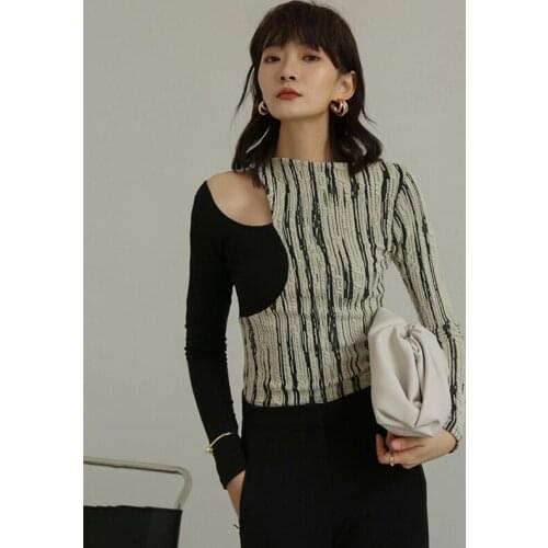 Women T-shirt New Black Patchwork Striped Hollow Out O Neck Long Sleeve Female Tops Spring Summer 2021 Vintage Clothes Camisetas