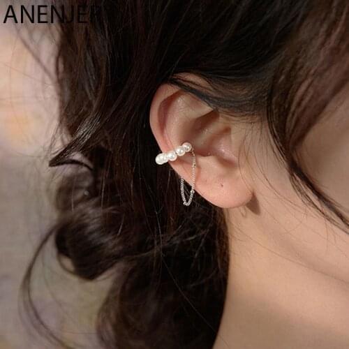 ANENJERY 1 Piece 925 Sterling Silver Non-pierced Pearl Tassel Ear Clip Female Sweet Short Ear Bone Clip Earrings