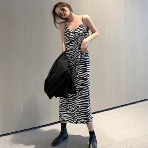 Woman Dress French Zebra Pattern Suspender Dress Summer New Female Skirt Korean Version Loose and Thin Mid-length Skirt Trend
