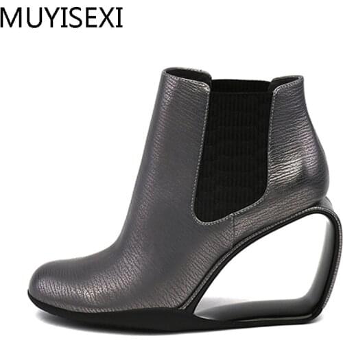 Autumn Boots For Women Hollow out Heel Women Ankle Boots Slip On Wedges Black Boots Women Genuine Leather HL109 MUYISEXI