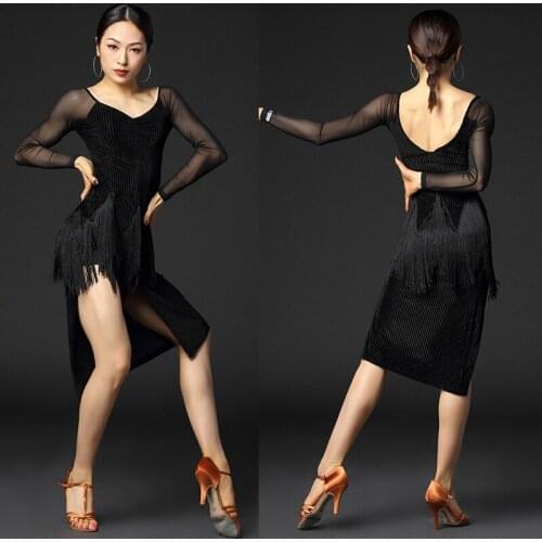 Sexy Latin Dance Dress Black Mesh Sleeves Irregular Fringed Dress Women Ballroom Chacha Samba Latin Competition Dresses DQS6183