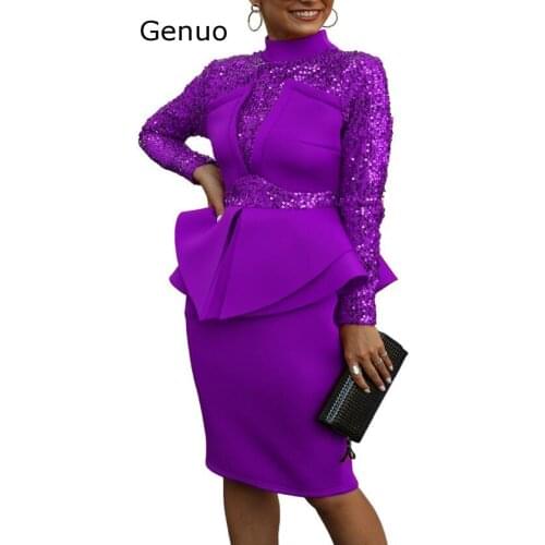 Genuo New Heavy Industry Sequined Flaring Sexy Club Sweet Fashion Red High Waist Turtleneck Full Sleeve Women Pencil Midi Dress