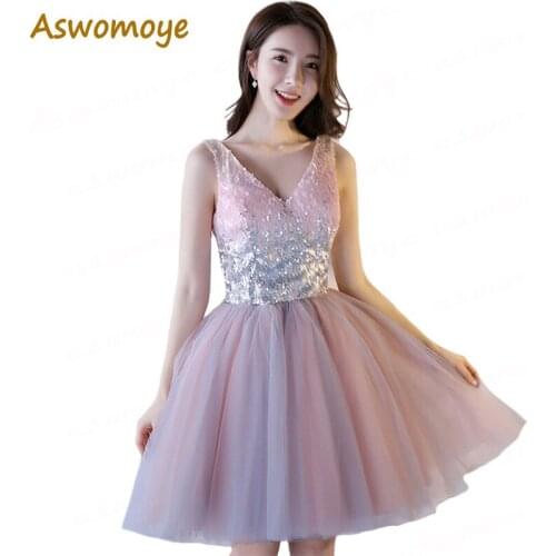 2018 New Elegant Evening Dresses V-neck Appliques Sequined Pink Wedding Party Dresses Back Lace Up Coctel Dress robe de soiree