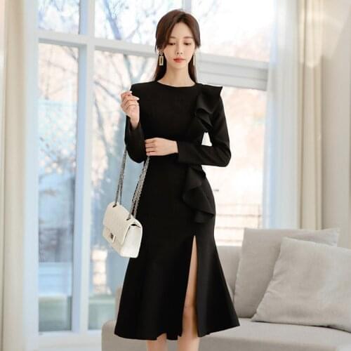 2020 Autumn Elegant Ruffles Vintage O Neck Long Sleeve Black Dresses Women Bodycon Bandage Sexy Party Mermaid Dress Vestidos