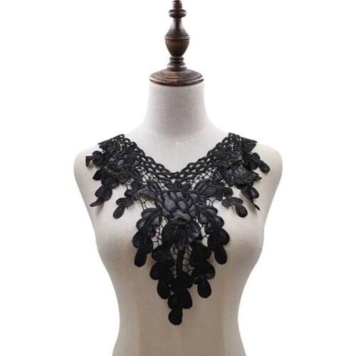 1PCS Black Cotton Embroidered Sew On Flower Applique Patches Guipure Lace Fabric Dress Collar Lace Neckline DIY Sewing Trimmings