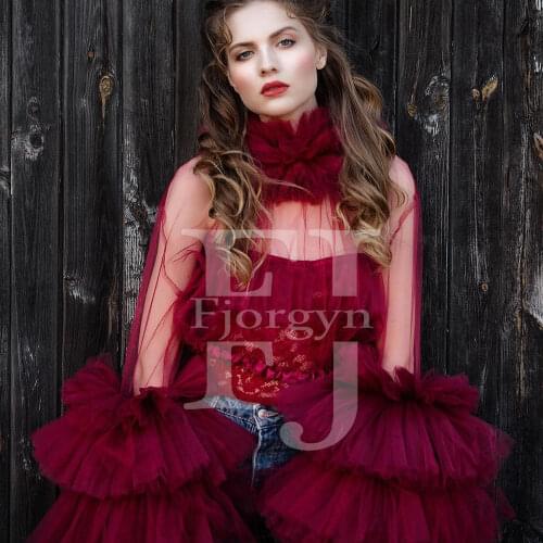 2021 Fashion Tulle Women Tops Summer Clothes High Neck Ruffles Tiered Long Sleeve Custom Made Tops for Party or Photography