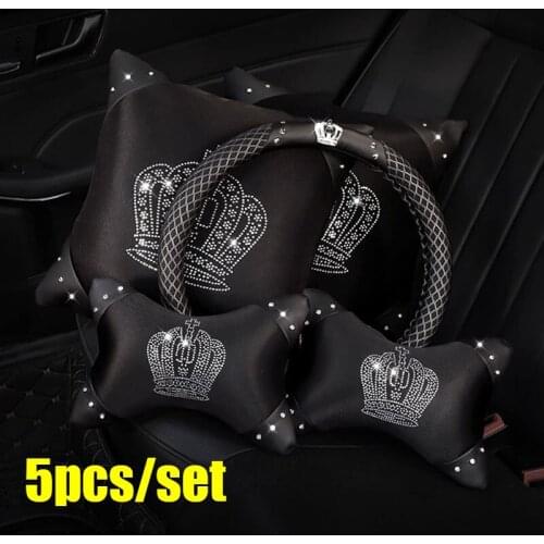 5pcs/set Summer Crown Rhinestone Breathable Ice Silk Car Headrest Neck Pillow Pad Auto Car Steering Wheel Cover Car Interior Set