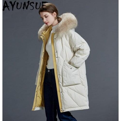 AYUNSUE Womens Down Jacket Natural Raccoon Fur Collar Hooded Parkas Woman White Duck Down Jackets Female Coats Abrigo Mujer 868