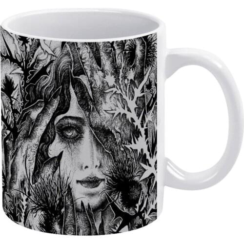 Thistle Witch White Mug New Good Quality Print Mug 11 Oz Coffee Cup Witch Dark Gothic Art Nouveau Ink Graphic Goth Darkart Dark