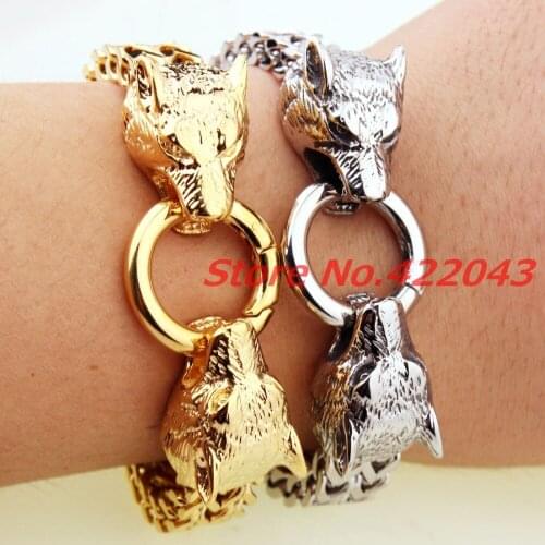 8.66"*12mm Mens wolf Design bracelet chain stainless steel biker jewelry gifts silver or Gold color Figaro Square Chain