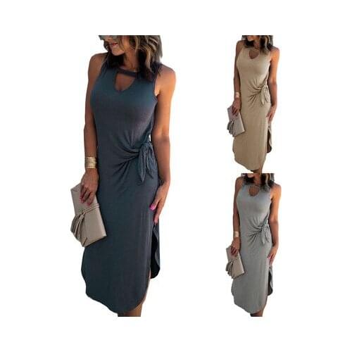 Ladies Irregular Split Pure Color Round Neck Bowknot Casual Long Dress Summer New Lace-up Slim Camisole Hollow out Dress Women