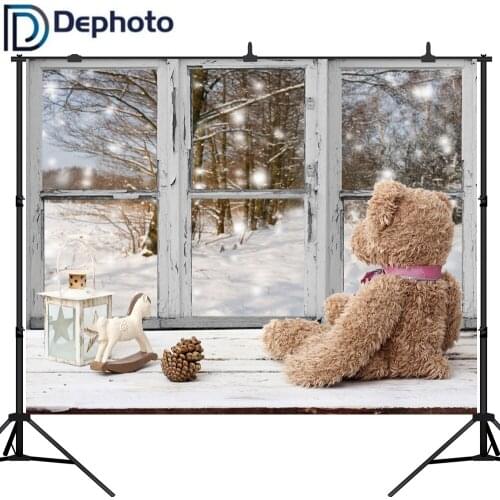 Dephoto Photography Backdrop Christmas Old Window Bear Gift Decor Forest Snow Background Photo Portrait Shoot Prop Photocall