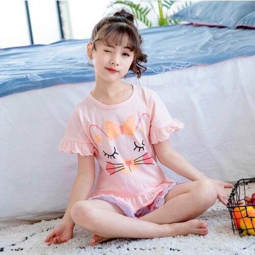 H5664 Girls Summer Pajamas Sleepwear Home Clothes Suit Women Cotton Short Sleeve Thin Nightwear Air Conditioning Wear Homewear