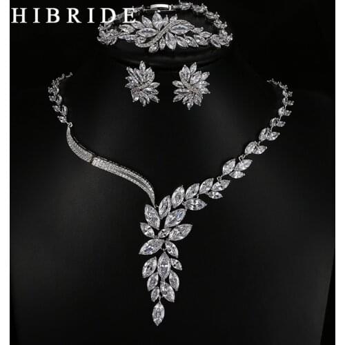 HIBRIDE Luxury New Design AAA Cubic Zirconia Necklace /Bracelets/Earrings ,White Gold Color Women Wedding Jewelry Sets N-61