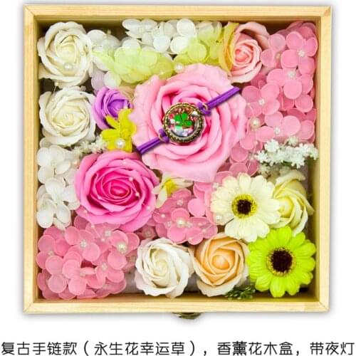 Exquisite Flower Gift Box Soap Flower Material Eternal Flower Bracelet Night Light Wooden Box Gift Set Handicraft Art Custom