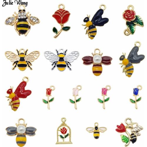 Julie Wang 15pcs Mix Alloy Enamel Bee Charm Gold Tone Rose Flower Pendant For Bracelet Earrings Jewelry DIY Findings
