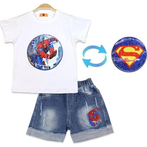 Summer Boys Sets Spiderman Superhero Jeans + T-shirt Velcro Sequins Change Graphic Cotton Children Two Pieces Of 3-8 Years Old