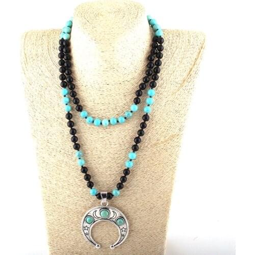 MOODPC Fashion Jewelry 108 Beads Multi Stone Knotted Metal Moon Star Pendant Necklaces For Women Necklace