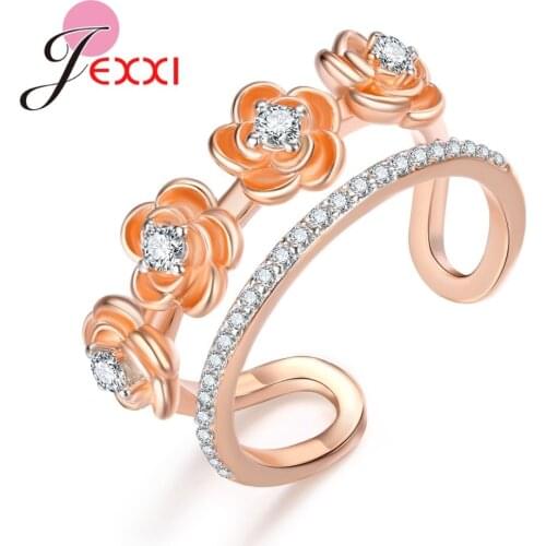 Sweet Rose Gold Color Adjustable Finger Rings with Sparkling Daisy Flowers White Cubic Zirconia For Women Female Wedding