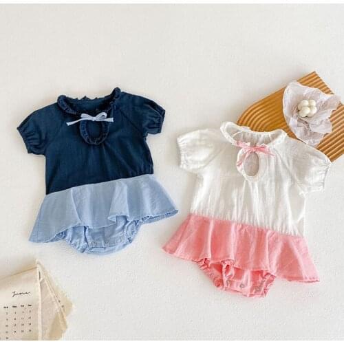 Toddler Baby Patchwork Rompers 2021 New Fashion Infant Girls Summer Cute Shorts Sleeve Outfits Newborn Bowtie Party Sweet Suits