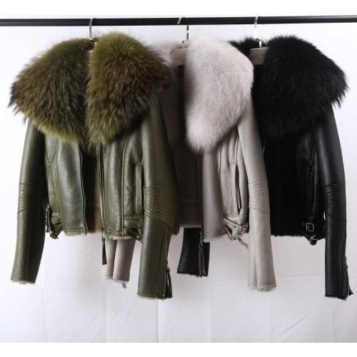 OFTBUY 2021 Real Fur Coat Winter Jacket Women Natural Raccoon Fur Collar Double Faced Fur Genuine Leather Merino Sheep Outwear