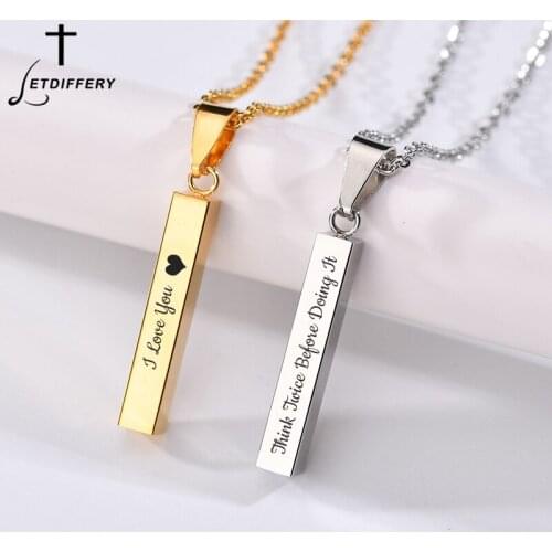 Letdiffery Engraved Bar Necklace Custom Date Name For Men and Women Personalized Stainless Steel Square Chain Birthday Gifts