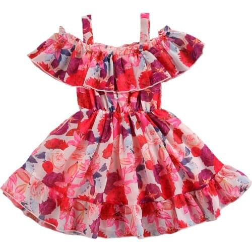 2-6Years Baby Off-shoulder Dress, Flower Print A-line Version Sweet Style Little Princess Summer Clothing
