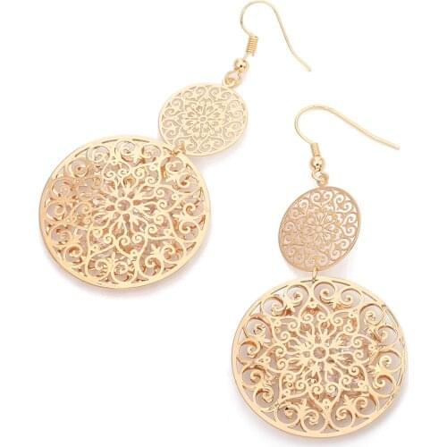 Hollow Round Statement Boho Drop Earring For Women Crystal Long Vintage Rose Gold Silver Mix Color Ear Jewelry 2019 Dropshipping