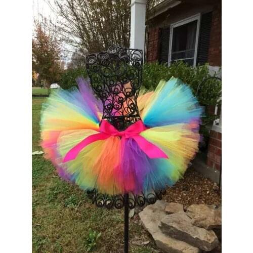Rainbow Tutu Skirt Baby Girls Handmade Tulle Skirts Ballet Dance Pettiskirts Tutus with Pink Ribbon Bow Kids Party Costume Skirt